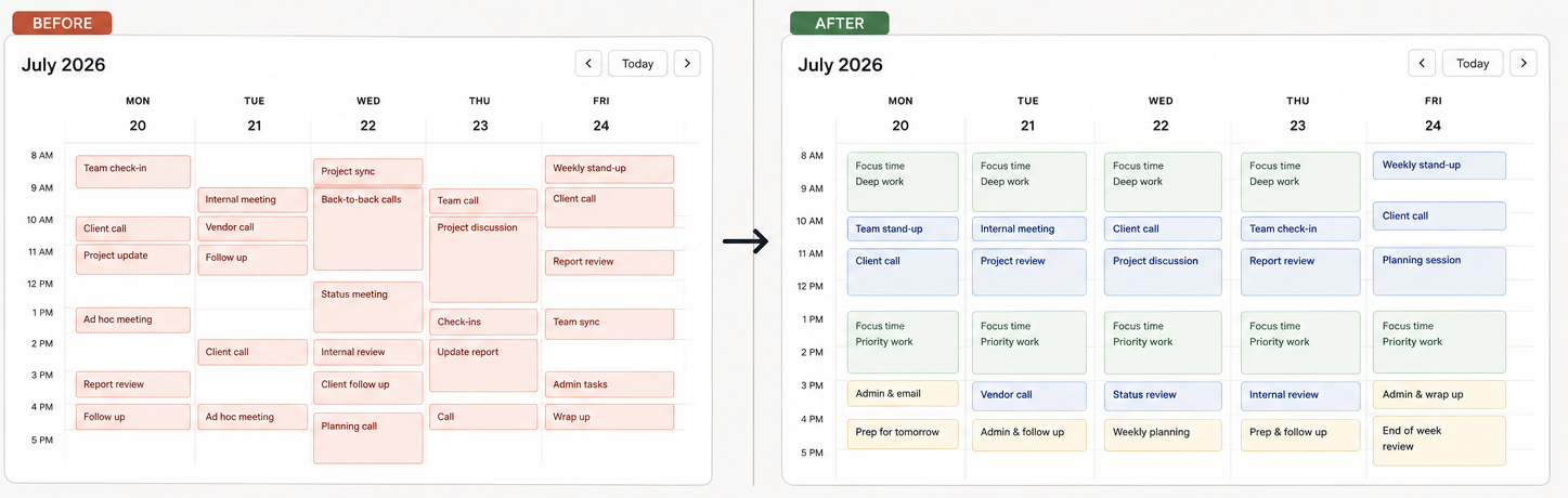 Before-and-after calendar management case study showing a busy calendar reorganized into a structured week.