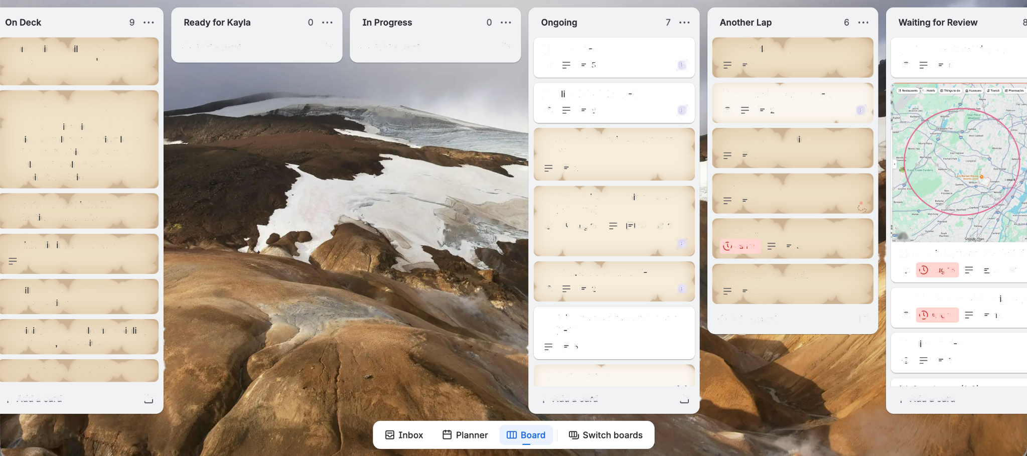 Actual Trello general work board with confidential card content redacted.